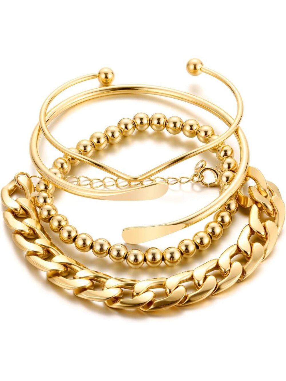 Women's Bangles Set, Multi Layer Textured 14k Gold Plated Chunky Cuban Bracelet